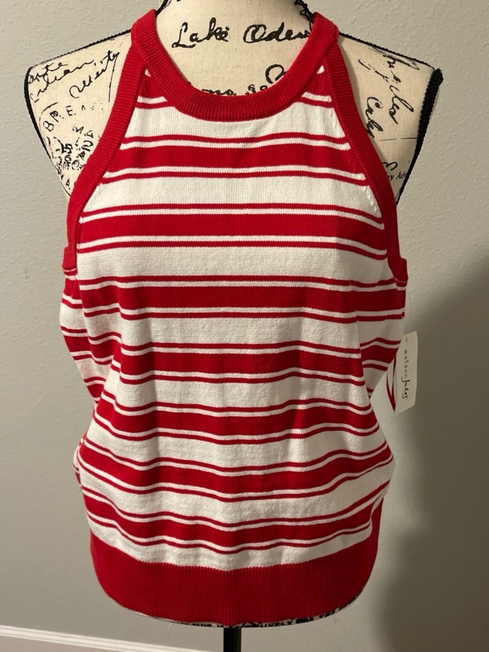 Maison Jules Red and White Striped Halter Tank Top
